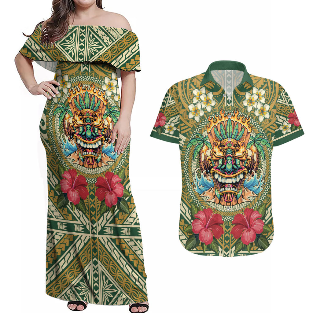 Hawaii Tiki Mask Personalized Couples Matching Off Shoulder Maxi Dress and Hawaiian Shirt Mele Kalikimaka i Iulai! LT9 Green - Polynesian Pride