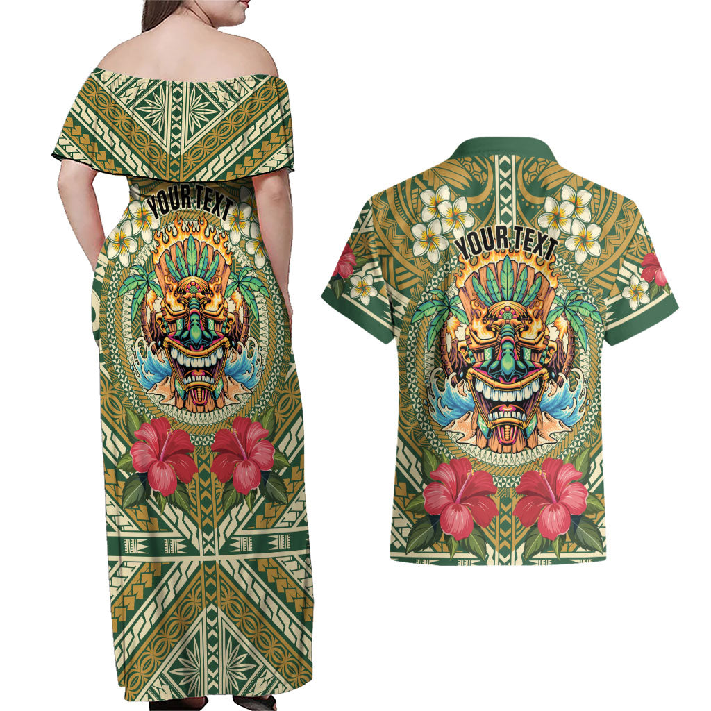 Hawaii Tiki Mask Personalized Couples Matching Off Shoulder Maxi Dress and Hawaiian Shirt Mele Kalikimaka i Iulai! LT9 - Polynesian Pride