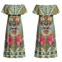 Hawaii Tiki Mask Personalized Couples Matching Off Shoulder Maxi Dress and Hawaiian Shirt Mele Kalikimaka i Iulai! LT9 - Polynesian Pride