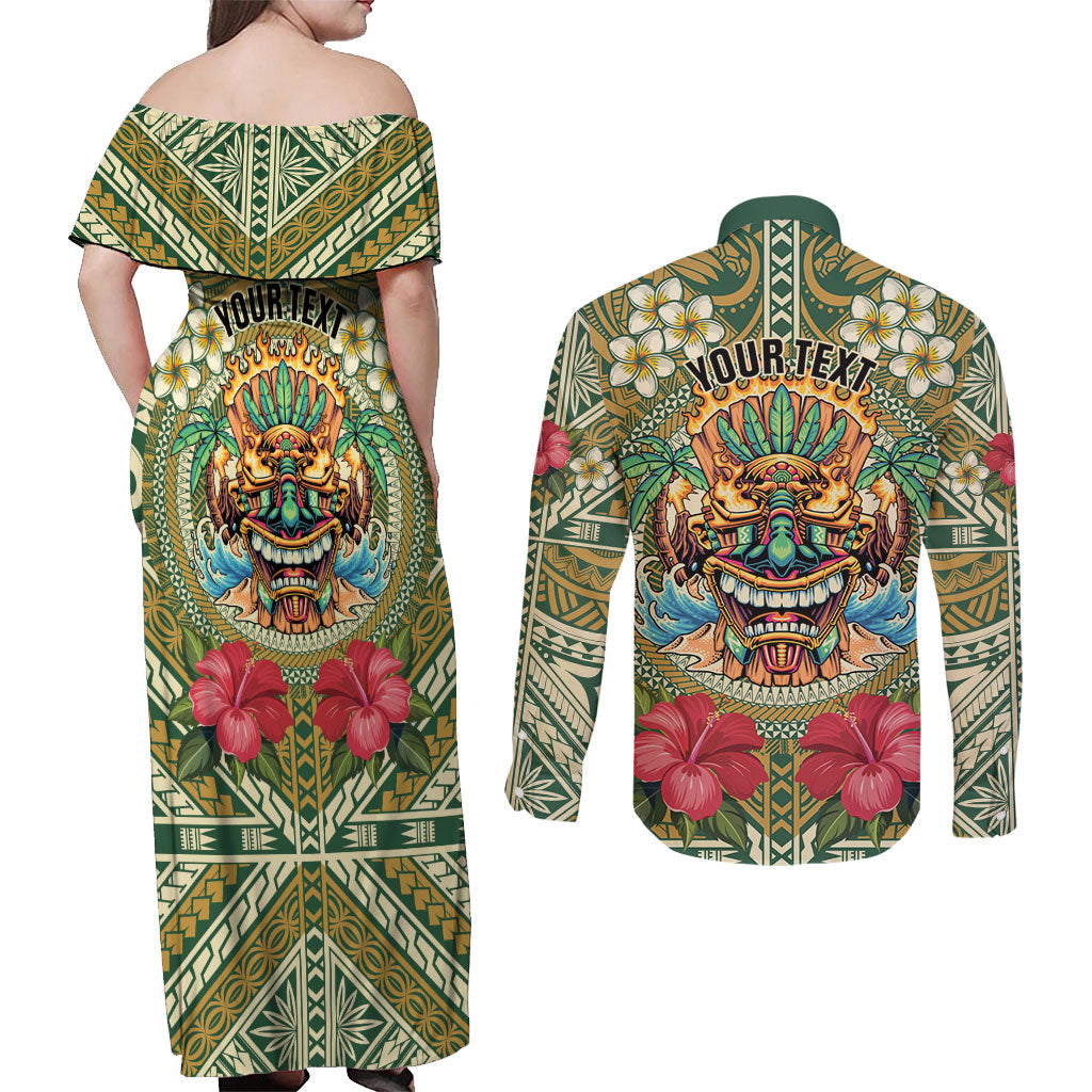Hawaii Tiki Mask Personalized Couples Matching Off Shoulder Maxi Dress and Long Sleeve Button Shirt Mele Kalikimaka i Iulai! LT9 - Polynesian Pride