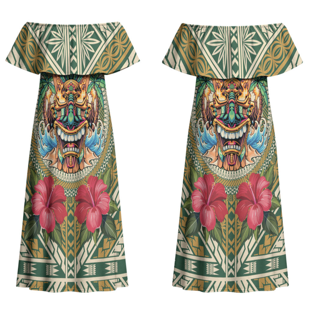 Hawaii Tiki Mask Personalized Couples Matching Off Shoulder Maxi Dress and Long Sleeve Button Shirt Mele Kalikimaka i Iulai! LT9 - Polynesian Pride