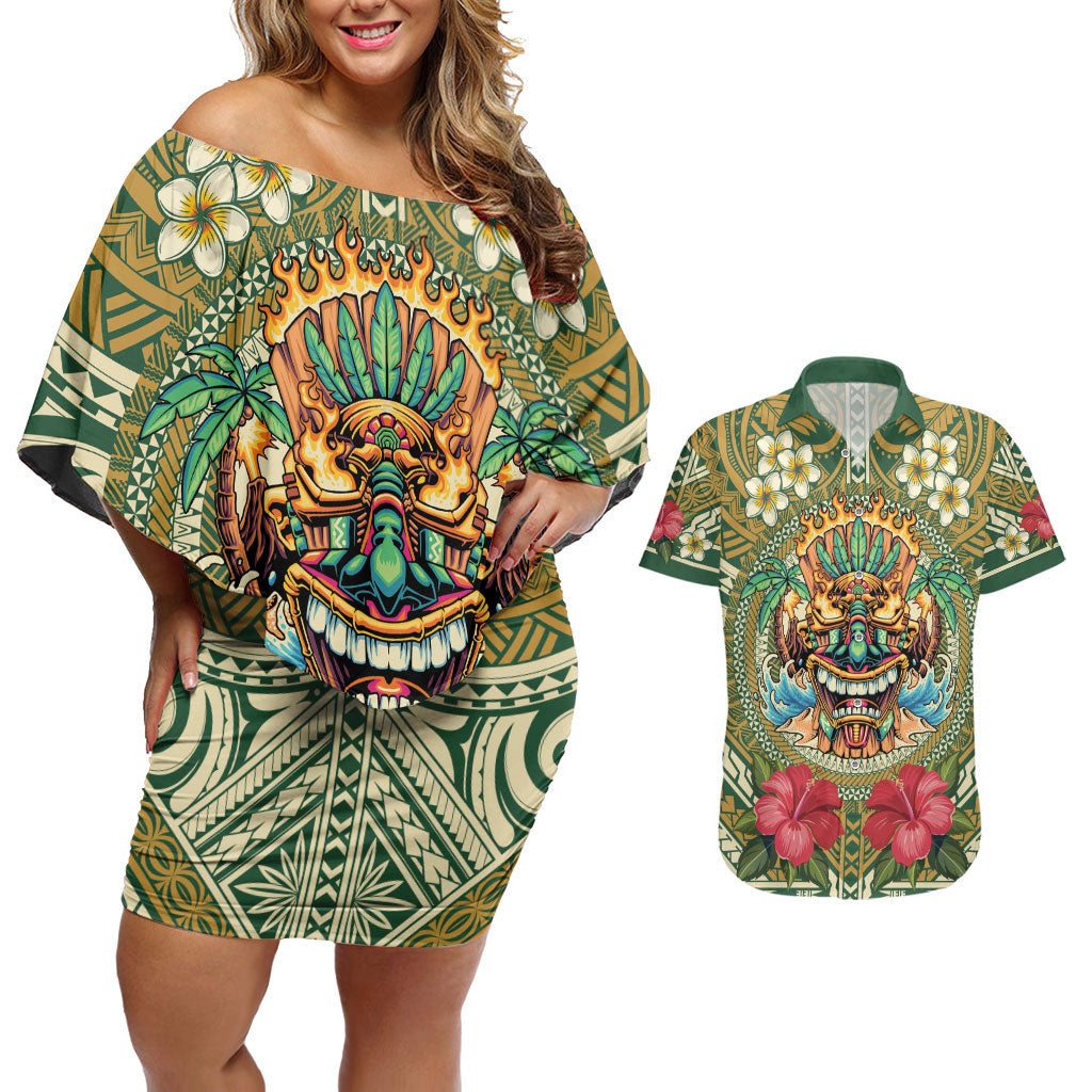 Hawaii Tiki Mask Personalized Couples Matching Off Shoulder Short Dress and Hawaiian Shirt Mele Kalikimaka i Iulai! LT9 Green - Polynesian Pride