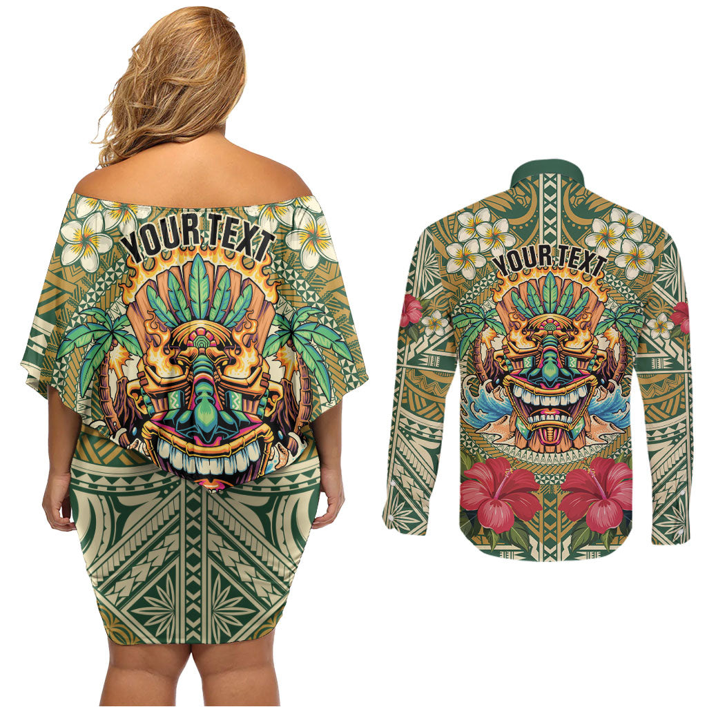 Hawaii Tiki Mask Personalized Couples Matching Off Shoulder Short Dress and Long Sleeve Button Shirt Mele Kalikimaka i Iulai! LT9 - Polynesian Pride