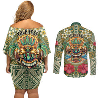 Hawaii Tiki Mask Personalized Couples Matching Off Shoulder Short Dress and Long Sleeve Button Shirt Mele Kalikimaka i Iulai! LT9 - Polynesian Pride