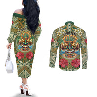 Hawaii Tiki Mask Personalized Couples Matching Off The Shoulder Long Sleeve Dress and Long Sleeve Button Shirt Mele Kalikimaka i Iulai! LT9 - Polynesian Pride