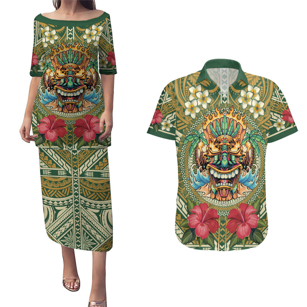 Hawaii Tiki Mask Personalized Couples Matching Puletasi and Hawaiian Shirt Mele Kalikimaka i Iulai! LT9 Green - Polynesian Pride