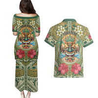 Hawaii Tiki Mask Personalized Couples Matching Puletasi and Hawaiian Shirt Mele Kalikimaka i Iulai! LT9 - Polynesian Pride