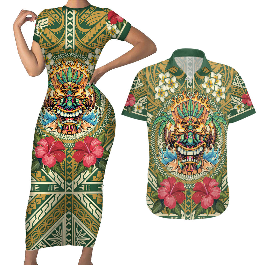Hawaii Tiki Mask Personalized Couples Matching Short Sleeve Bodycon Dress and Hawaiian Shirt Mele Kalikimaka i Iulai! LT9 Green - Polynesian Pride