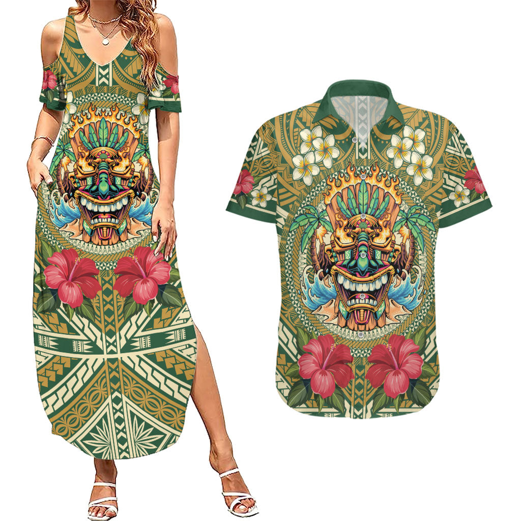Hawaii Tiki Mask Personalized Couples Matching Summer Maxi Dress and Hawaiian Shirt Mele Kalikimaka i Iulai! LT9 Green - Polynesian Pride
