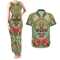 Hawaii Tiki Mask Personalized Couples Matching Tank Maxi Dress and Hawaiian Shirt Mele Kalikimaka i Iulai! LT9 Green - Polynesian Pride