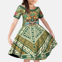 Hawaii Tiki Mask Personalized Family Matching Long Sleeve Bodycon Dress and Hawaiian Shirt Mele Kalikimaka i Iulai! LT9 Daughter's Dress Green - Polynesian Pride
