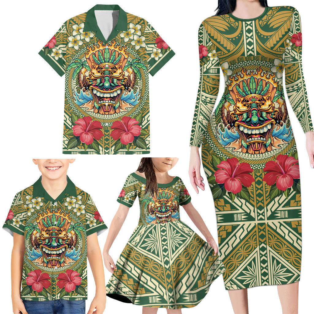 Hawaii Tiki Mask Personalized Family Matching Long Sleeve Bodycon Dress and Hawaiian Shirt Mele Kalikimaka i Iulai! LT9 - Polynesian Pride