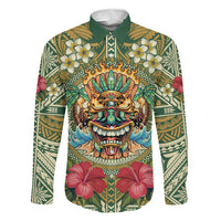 Hawaii Tiki Mask Personalized Family Matching Long Sleeve Bodycon Dress and Hawaiian Shirt Mele Kalikimaka i Iulai! LT9 Dad's Shirt - Long Sleeve Green - Polynesian Pride