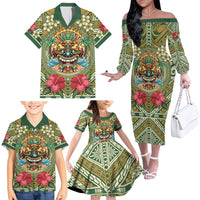 Hawaii Tiki Mask Personalized Family Matching Off The Shoulder Long Sleeve Dress and Hawaiian Shirt Mele Kalikimaka i Iulai! LT9 - Polynesian Pride