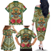 Hawaii Tiki Mask Personalized Family Matching Off The Shoulder Long Sleeve Dress and Hawaiian Shirt Mele Kalikimaka i Iulai! LT9 - Polynesian Pride