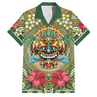 Hawaii Tiki Mask Personalized Family Matching Off The Shoulder Long Sleeve Dress and Hawaiian Shirt Mele Kalikimaka i Iulai! LT9 Dad's Shirt - Short Sleeve Green - Polynesian Pride