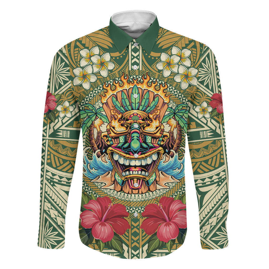 Hawaii Tiki Mask Personalized Family Matching Off Shoulder Maxi Dress and Hawaiian Shirt Mele Kalikimaka i Iulai! LT9 Dad's Shirt - Long Sleeve Green - Polynesian Pride