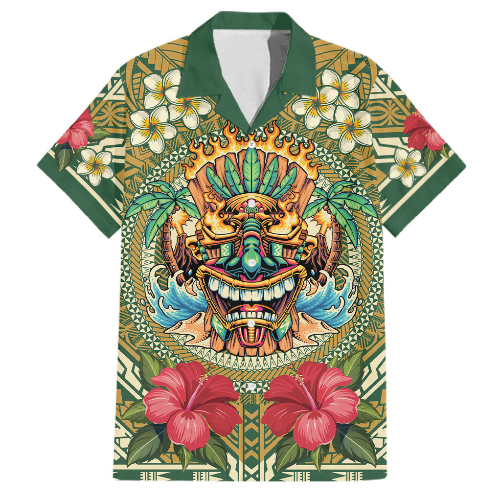 Hawaii Tiki Mask Personalized Family Matching Off Shoulder Short Dress and Hawaiian Shirt Mele Kalikimaka i Iulai! LT9 Dad's Shirt - Short Sleeve Green - Polynesian Pride