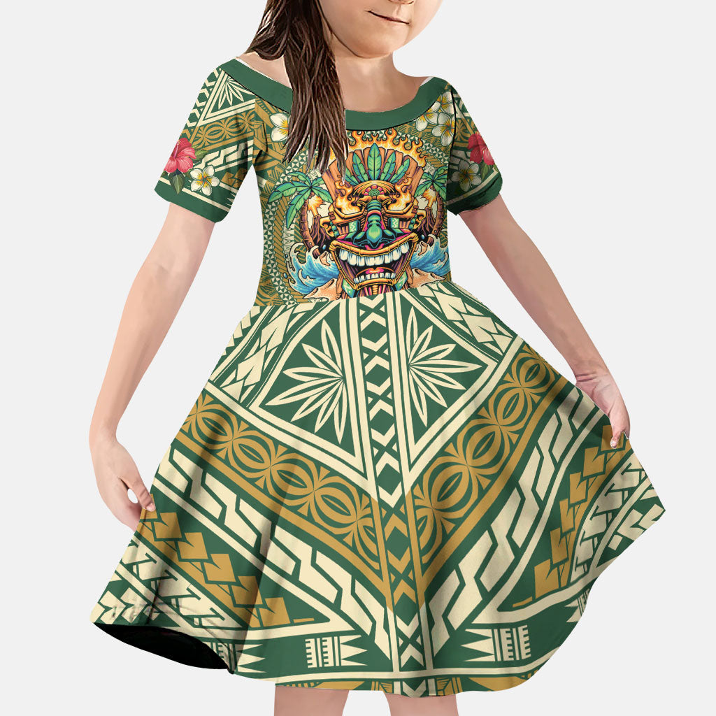 Hawaii Tiki Mask Personalized Family Matching Short Sleeve Bodycon Dress and Hawaiian Shirt Mele Kalikimaka i Iulai! LT9 Daughter's Dress Green - Polynesian Pride