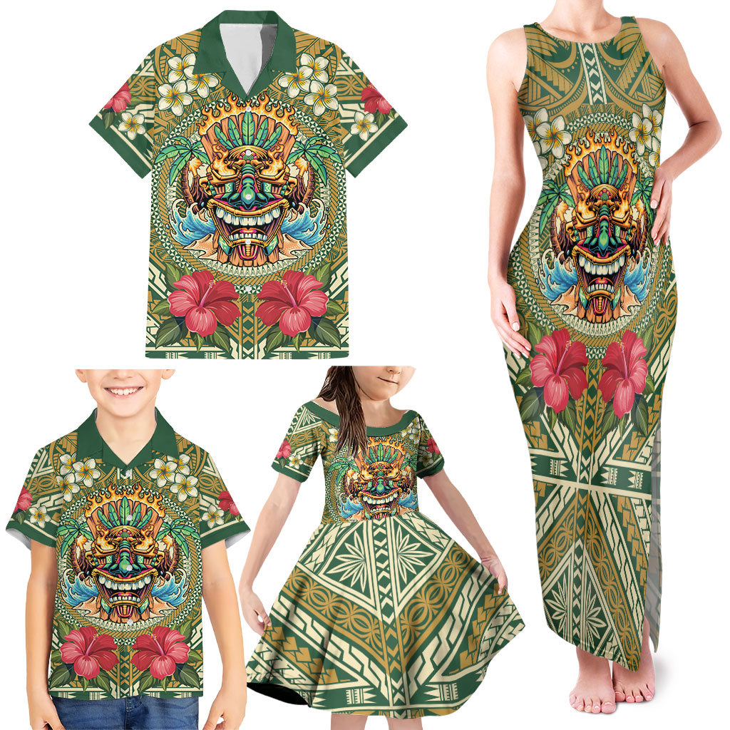 Hawaii Tiki Mask Personalized Family Matching Tank Maxi Dress and Hawaiian Shirt Mele Kalikimaka i Iulai!