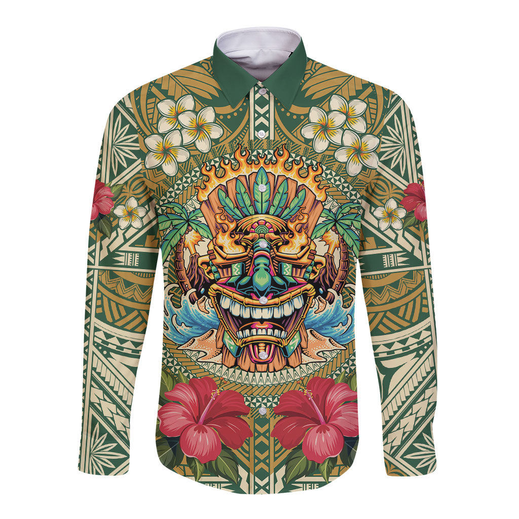 Hawaii Tiki Mask Personalized Long Sleeve Button Shirt Mele Kalikimaka i Iulai! LT9 Unisex Green - Polynesian Pride