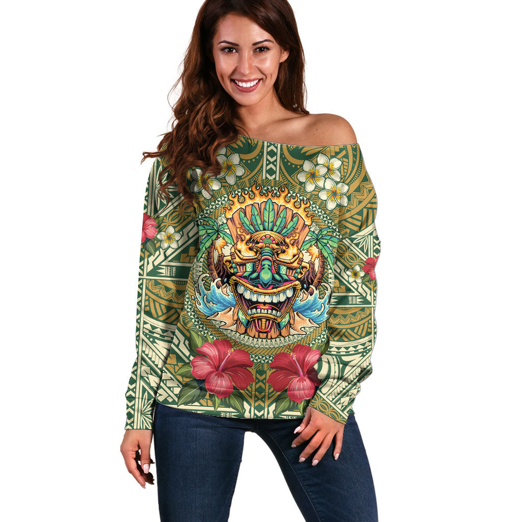 Hawaii Tiki Mask Personalized Off Shoulder Sweater Mele Kalikimaka i Iulai!