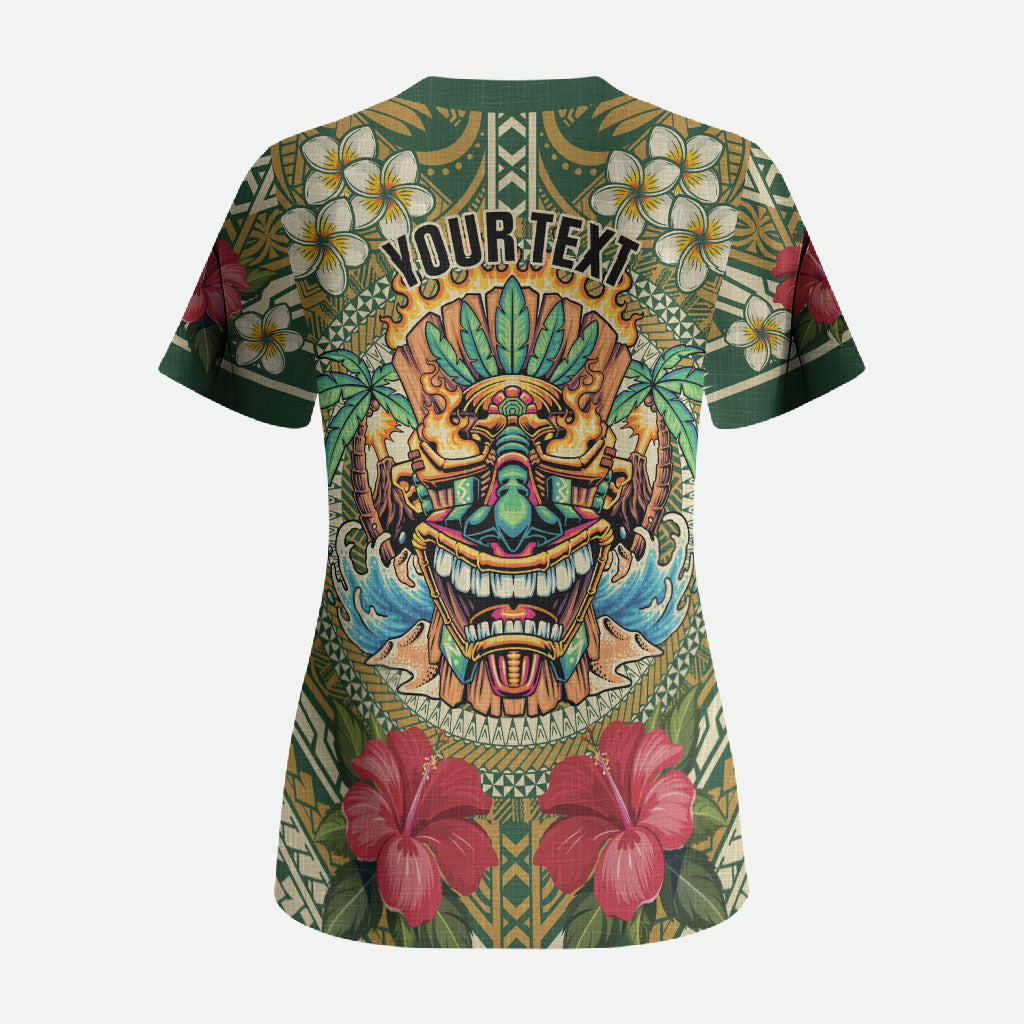 Hawaii Tiki Mask Personalized Scrub Top Mele Kalikimaka i Iulai!