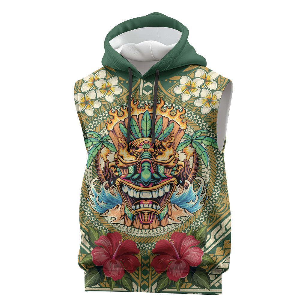 Hawaii Tiki Mask Personalized Sleeveless Hoodie Mele Kalikimaka i Iulai!