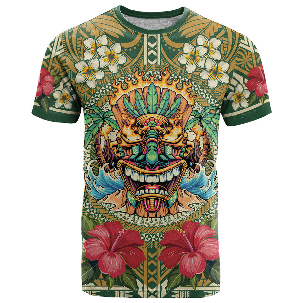 Hawaii Tiki Mask Personalized T Shirt Mele Kalikimaka i Iulai! LT9 Green - Polynesian Pride