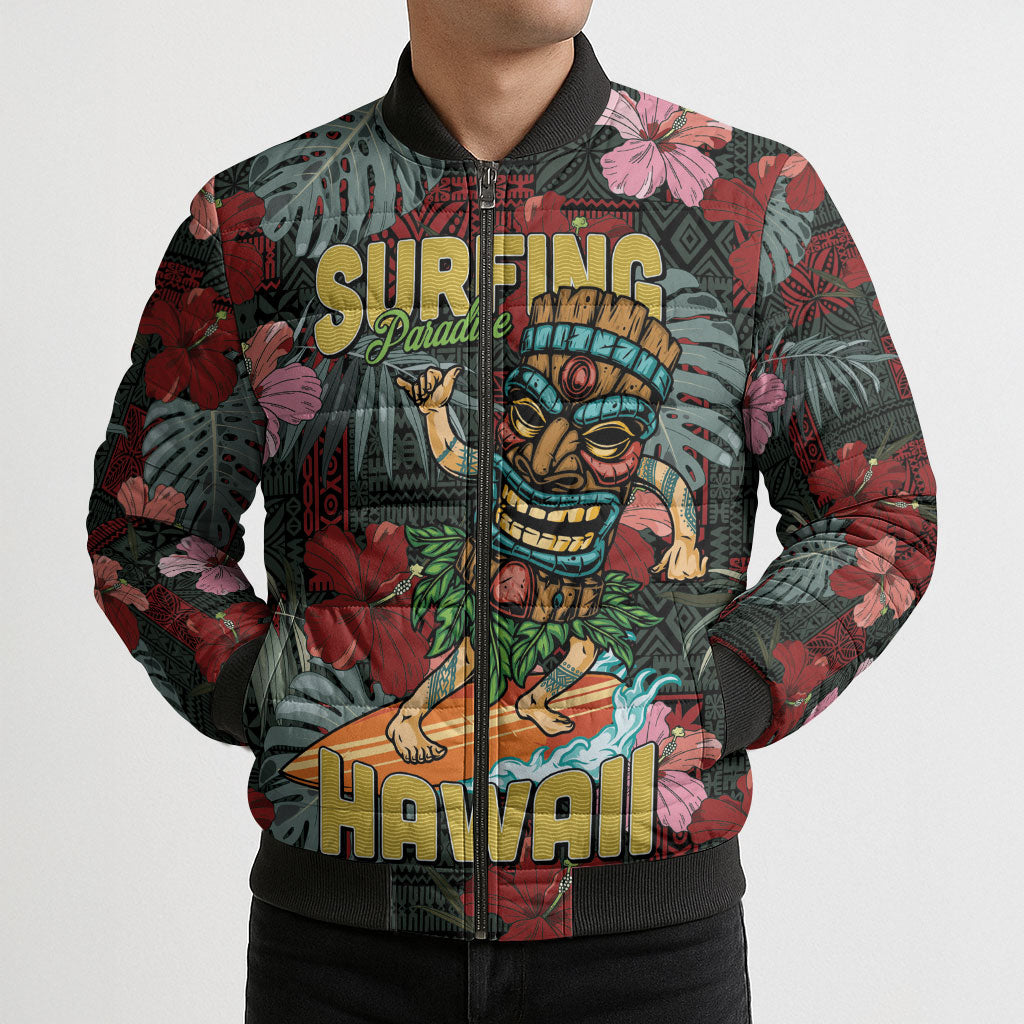 Hawaii Tiki Surfing Bomber Puffer Jacket Mele Kalikimaka i Iulai!