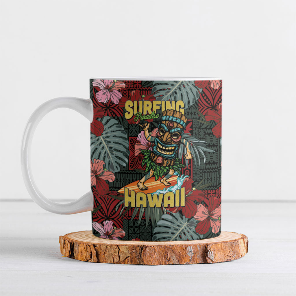Hawaii Tiki Surfing Ceramic Mug Mele Kalikimaka i Iulai! LT9 Black - Polynesian Pride