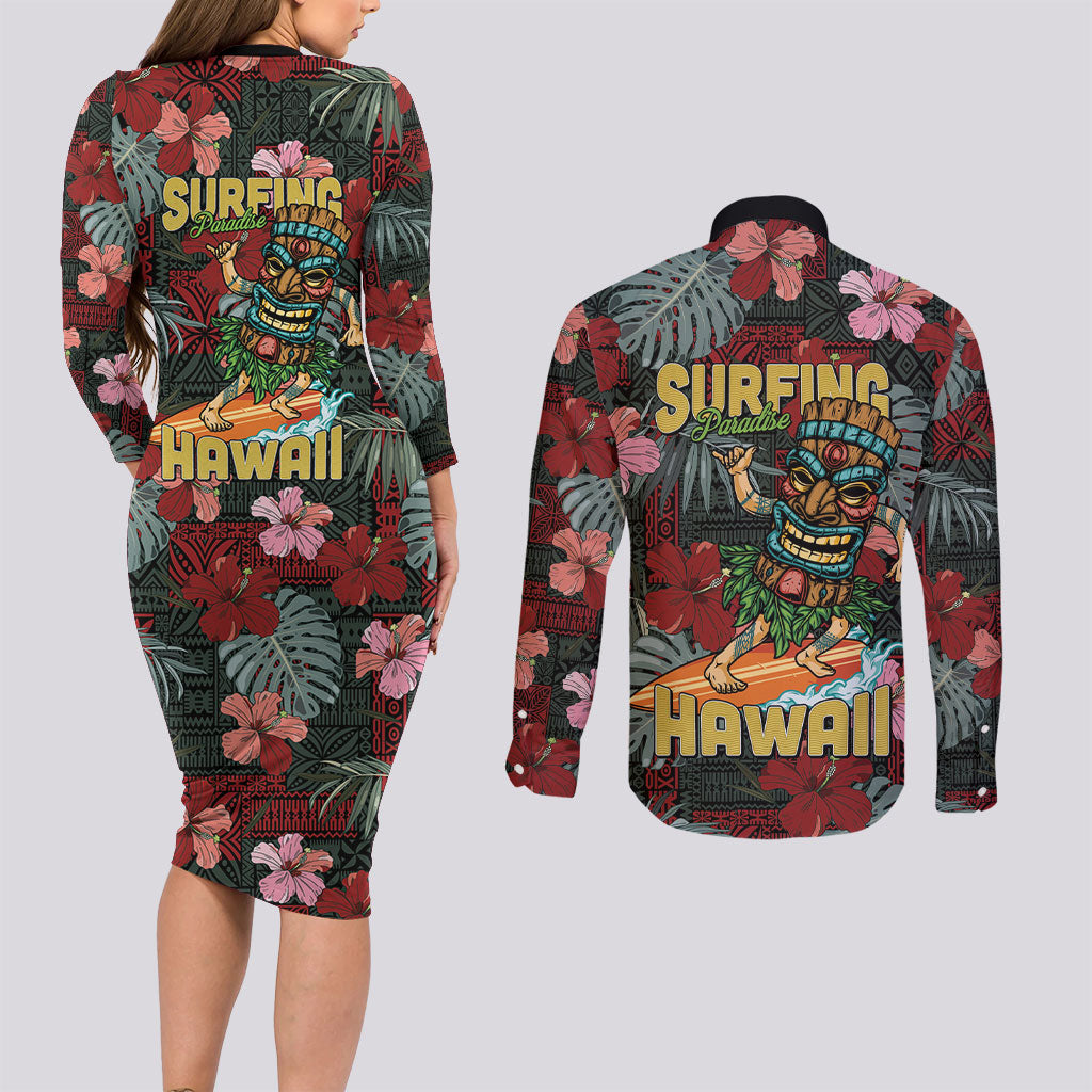 Hawaii Tiki Surfing Couples Matching Long Sleeve Bodycon Dress and Long Sleeve Button Shirt Mele Kalikimaka i Iulai! LT9 - Polynesian Pride