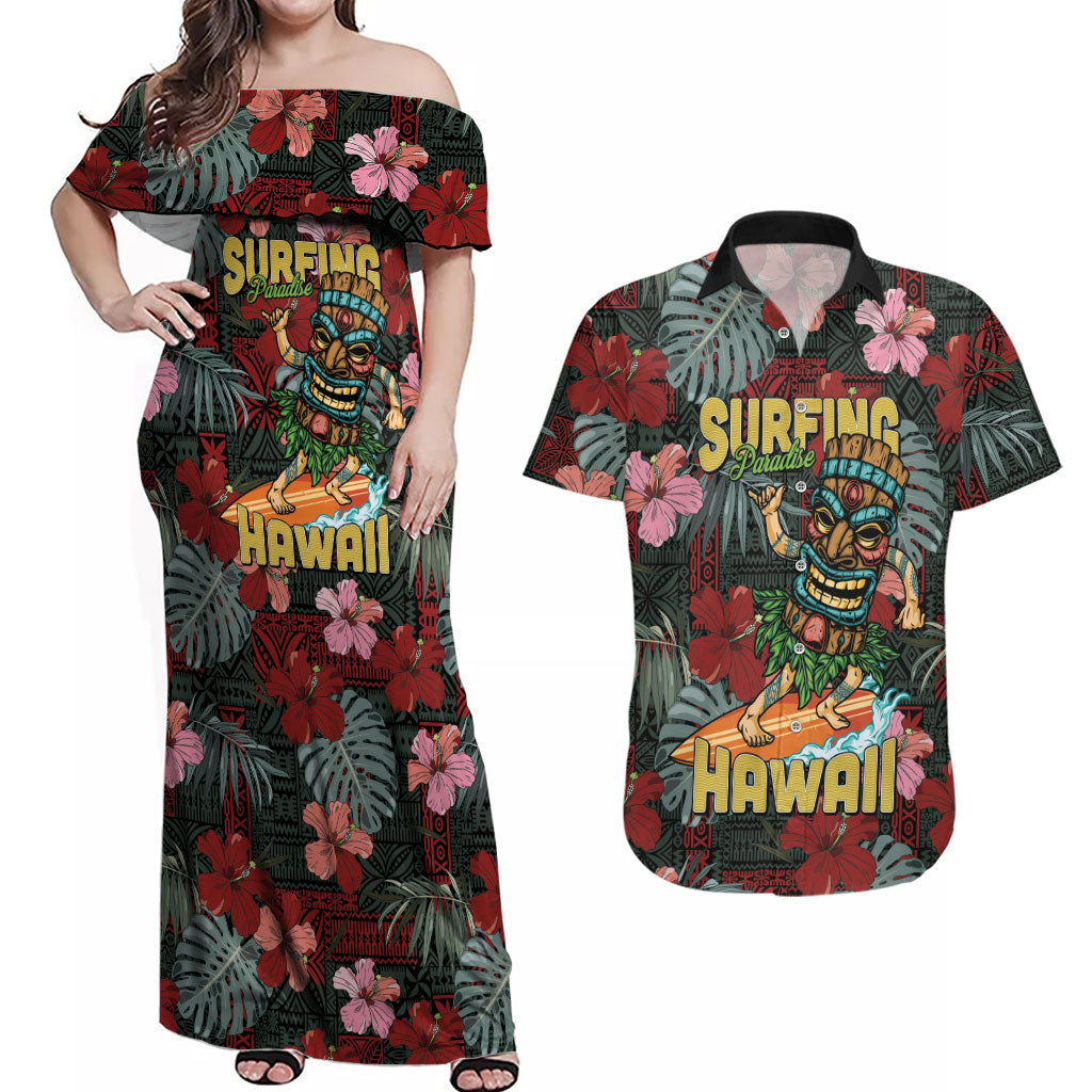 Hawaii Tiki Surfing Couples Matching Off Shoulder Maxi Dress and Hawaiian Shirt Mele Kalikimaka i Iulai! LT9 Black - Polynesian Pride