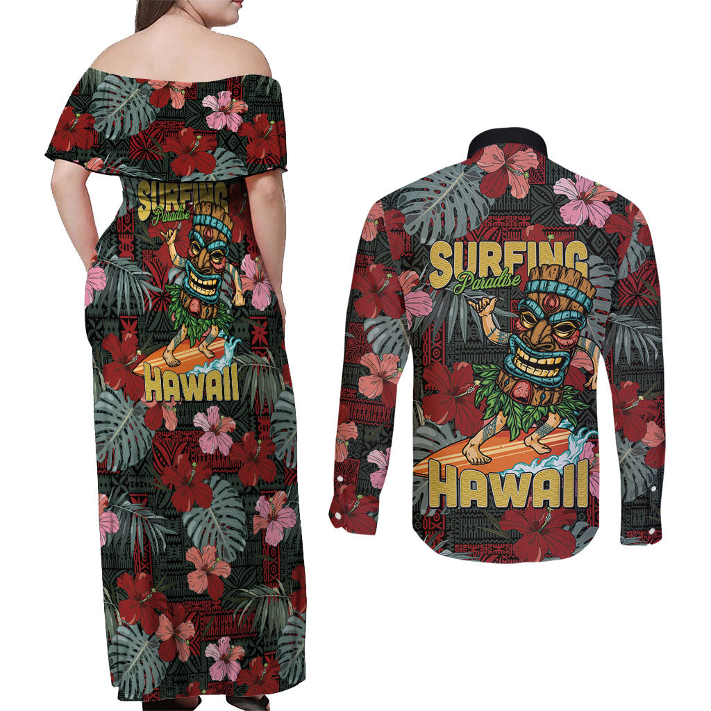 Hawaii Tiki Surfing Couples Matching Off Shoulder Maxi Dress and Long Sleeve Button Shirt Mele Kalikimaka i Iulai! LT9 - Polynesian Pride
