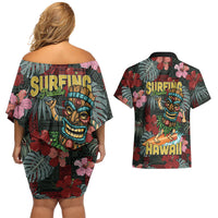 Hawaii Tiki Surfing Couples Matching Off Shoulder Short Dress and Hawaiian Shirt Mele Kalikimaka i Iulai! LT9 - Polynesian Pride