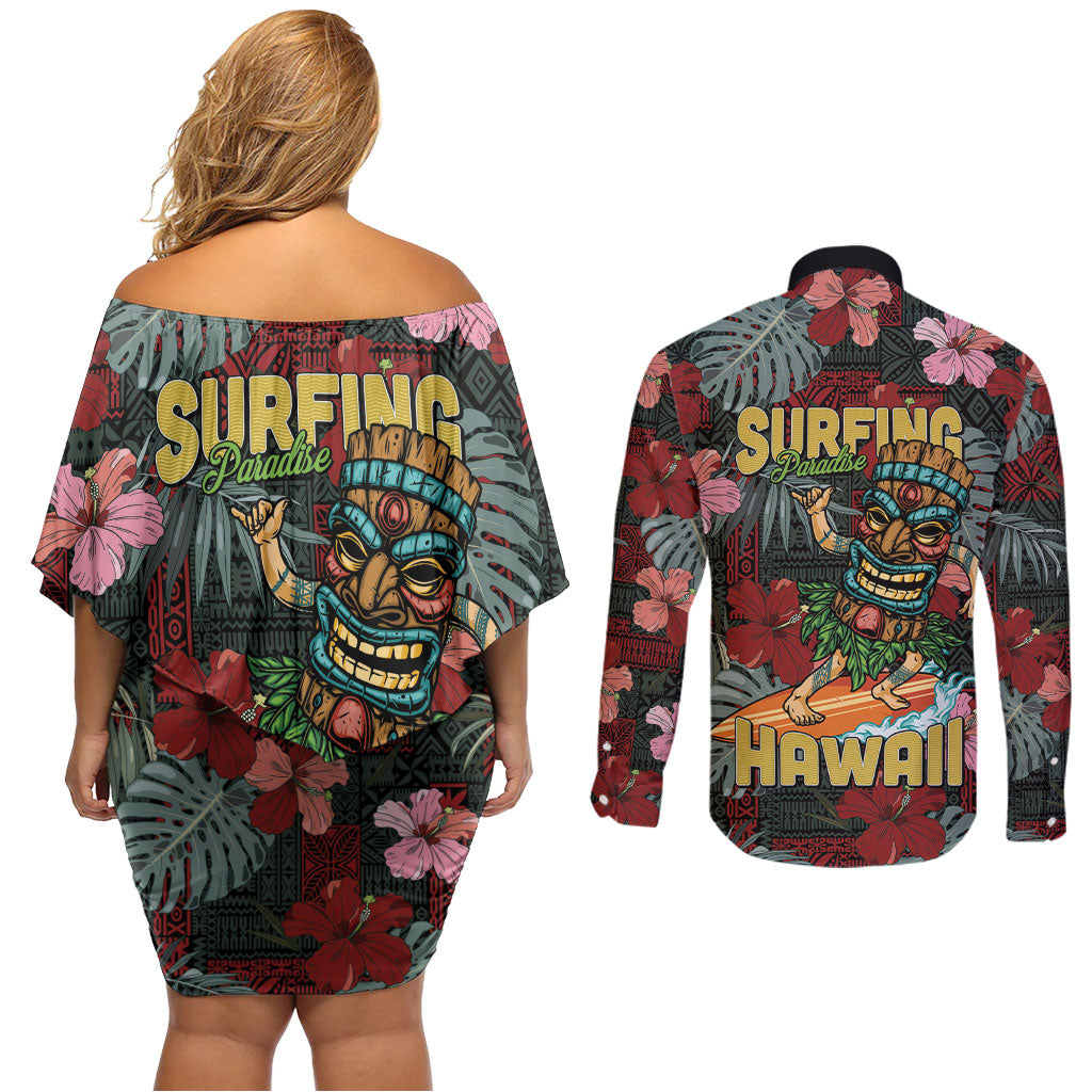 Hawaii Tiki Surfing Couples Matching Off Shoulder Short Dress and Long Sleeve Button Shirt Mele Kalikimaka i Iulai! LT9 - Polynesian Pride