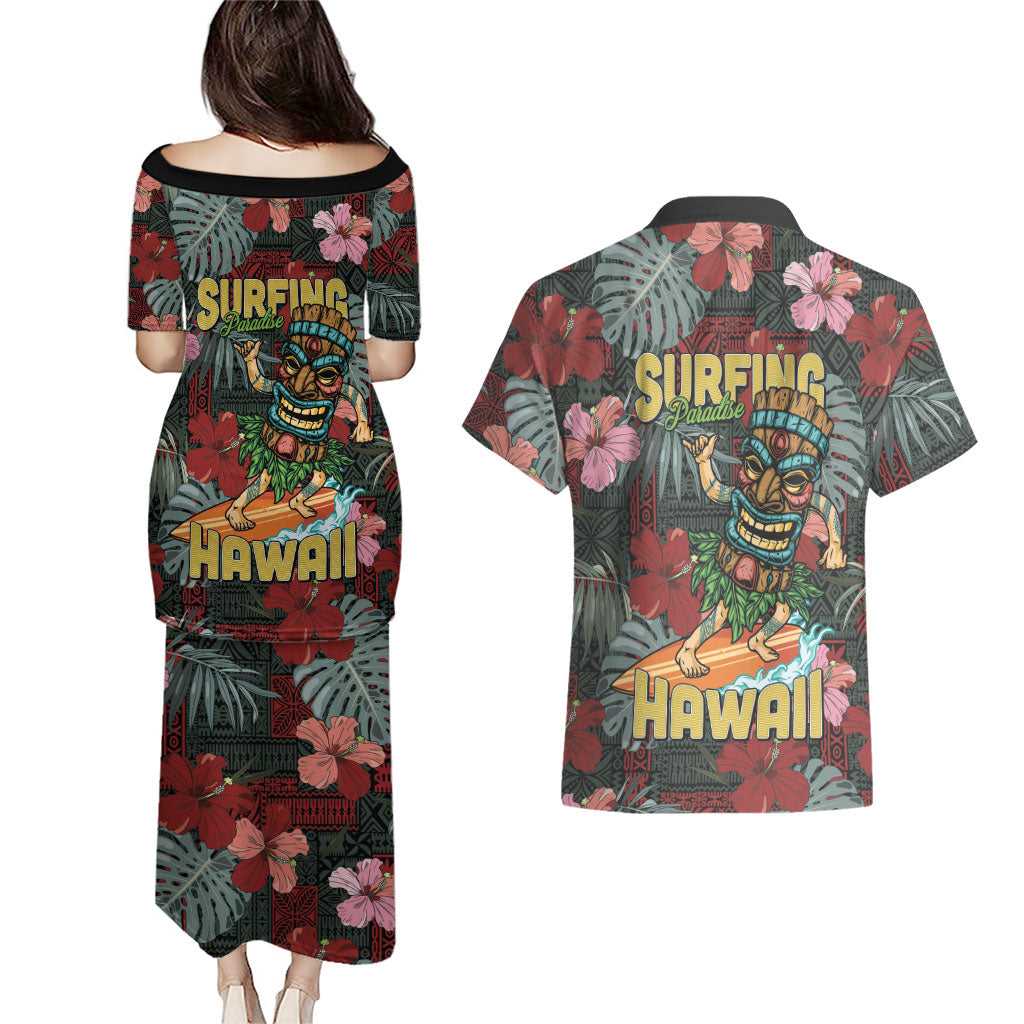 Hawaii Tiki Surfing Couples Matching Puletasi and Hawaiian Shirt Mele Kalikimaka i Iulai! LT9 - Polynesian Pride