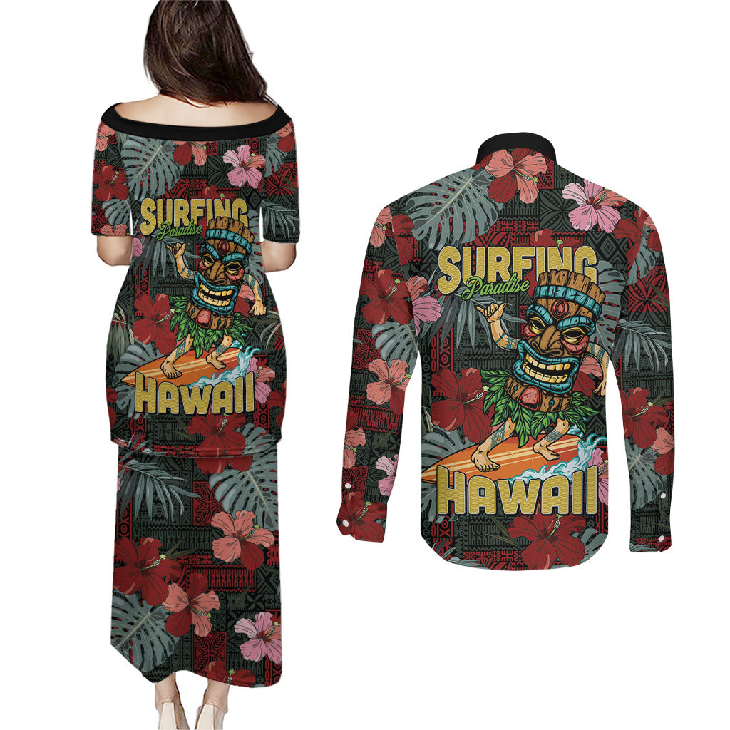 Hawaii Tiki Surfing Couples Matching Puletasi and Long Sleeve Button Shirt Mele Kalikimaka i Iulai! LT9 - Polynesian Pride
