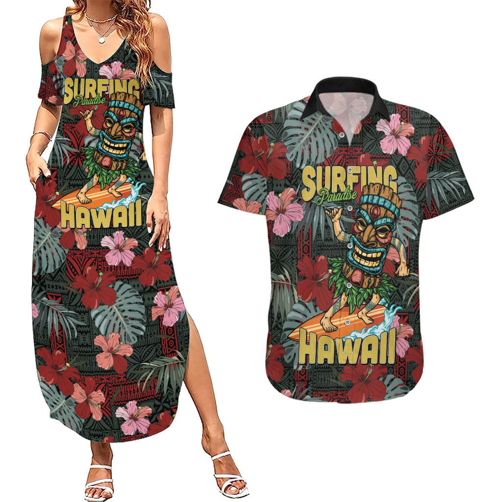 Hawaii Tiki Surfing Couples Matching Summer Maxi Dress and Hawaiian Shirt Mele Kalikimaka i Iulai! LT9 Black - Polynesian Pride