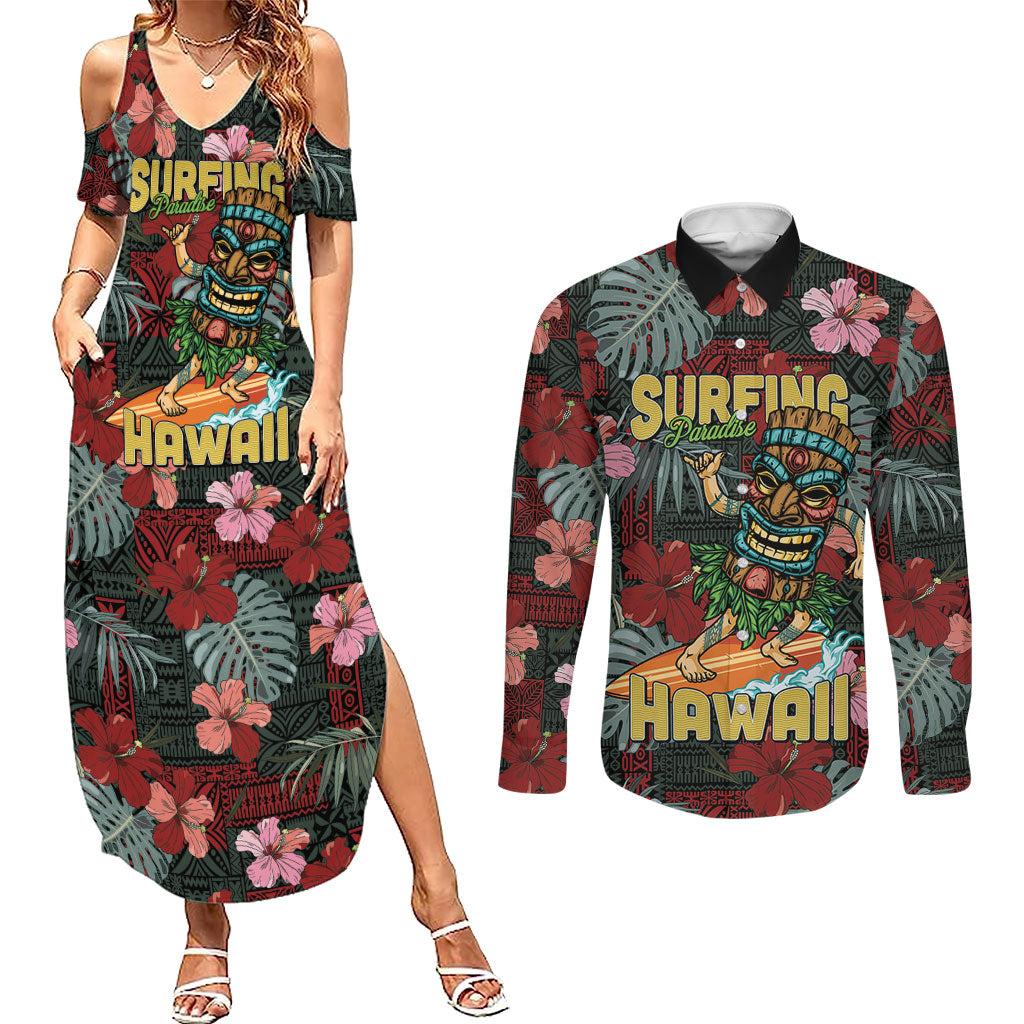Hawaii Tiki Surfing Couples Matching Summer Maxi Dress and Long Sleeve Button Shirt Mele Kalikimaka i Iulai! LT9 Black - Polynesian Pride