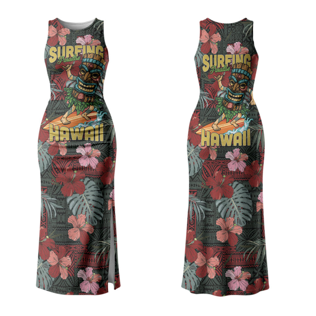 Hawaii Tiki Surfing Couples Matching Tank Maxi Dress and Long Sleeve Button Shirt Mele Kalikimaka i Iulai! LT9 - Polynesian Pride