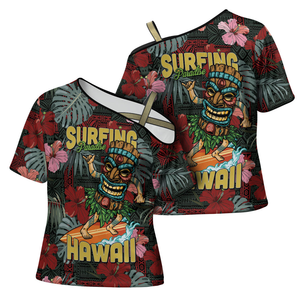 Hawaii Tiki Surfing Cross Shoulder Shirt Mele Kalikimaka i Iulai!