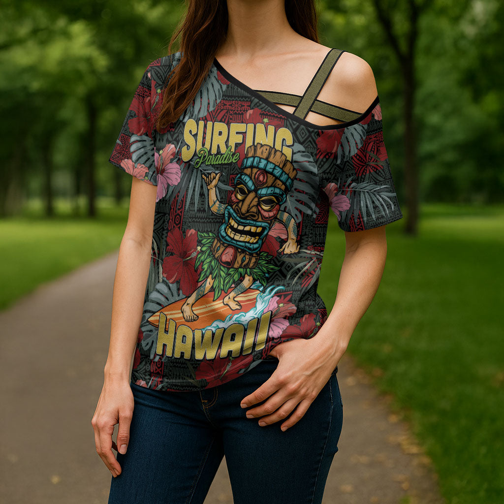 Hawaii Tiki Surfing Cross Shoulder Shirt Mele Kalikimaka i Iulai!