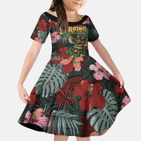 Hawaii Tiki Surfing Family Matching Off The Shoulder Long Sleeve Dress and Hawaiian Shirt Mele Kalikimaka i Iulai! LT9 Daughter's Dress Black - Polynesian Pride