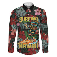 Hawaii Tiki Surfing Family Matching Off The Shoulder Long Sleeve Dress and Hawaiian Shirt Mele Kalikimaka i Iulai! LT9 Dad's Shirt - Long Sleeve Black - Polynesian Pride