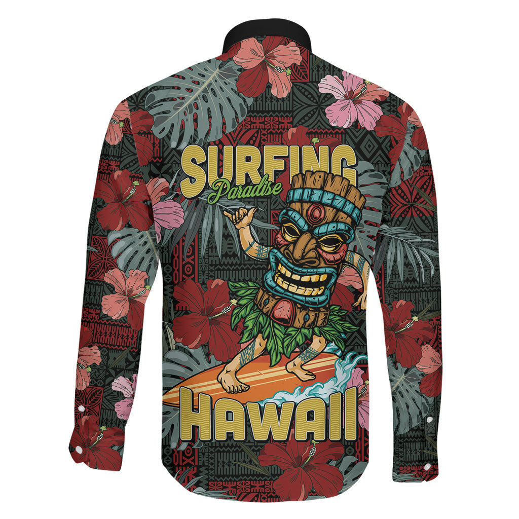 Hawaii Tiki Surfing Family Matching Off The Shoulder Long Sleeve Dress and Hawaiian Shirt Mele Kalikimaka i Iulai! LT9 - Polynesian Pride