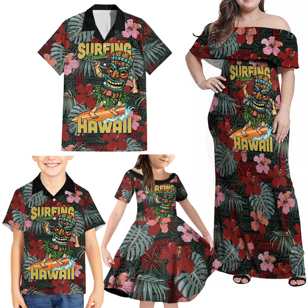 Hawaii Tiki Surfing Family Matching Off Shoulder Maxi Dress and Hawaiian Shirt Mele Kalikimaka i Iulai! LT9 - Polynesian Pride