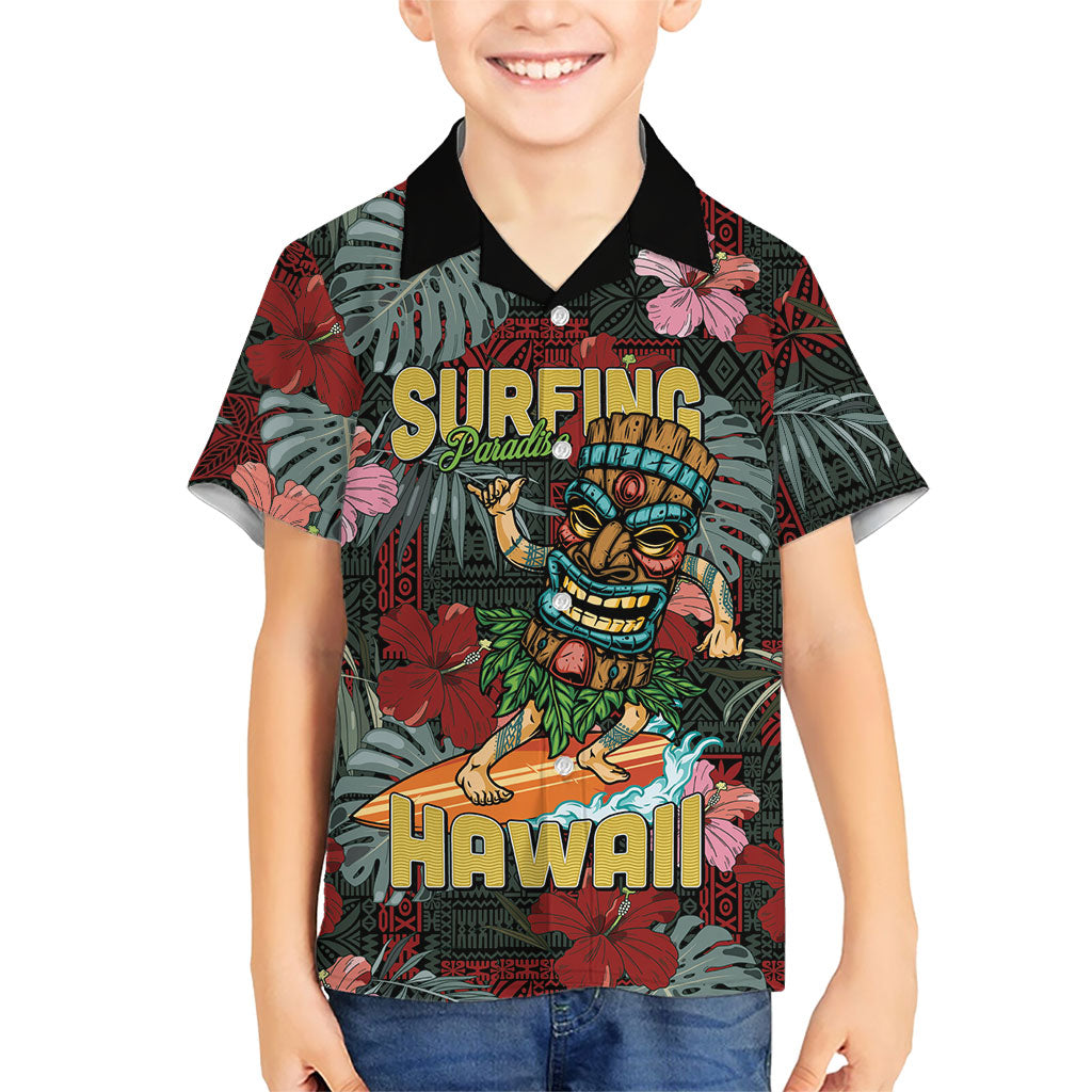Hawaii Tiki Surfing Family Matching Off Shoulder Maxi Dress and Hawaiian Shirt Mele Kalikimaka i Iulai! LT9 Son's Shirt Black - Polynesian Pride