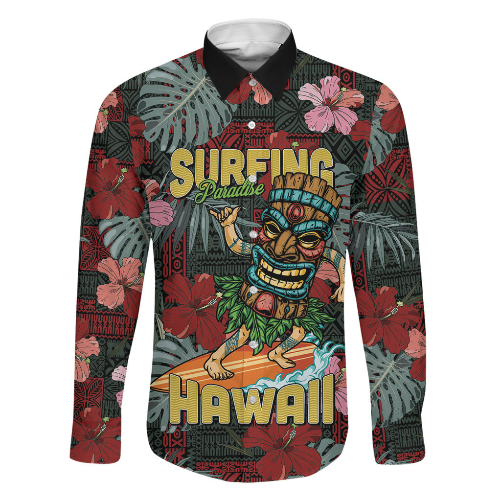 Hawaii Tiki Surfing Family Matching Off Shoulder Short Dress and Hawaiian Shirt Mele Kalikimaka i Iulai! LT9 Dad's Shirt - Long Sleeve Black - Polynesian Pride