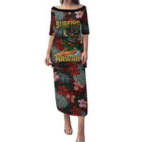 Hawaii Tiki Surfing Family Matching Puletasi and Hawaiian Shirt Mele Kalikimaka i Iulai! LT9 Mom's Dress Black - Polynesian Pride